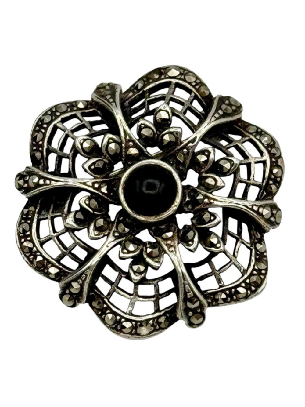 Vintage Art Deco Brooch Pendant Sterling Onyx Marcasite Spider Web Goth 1.25"